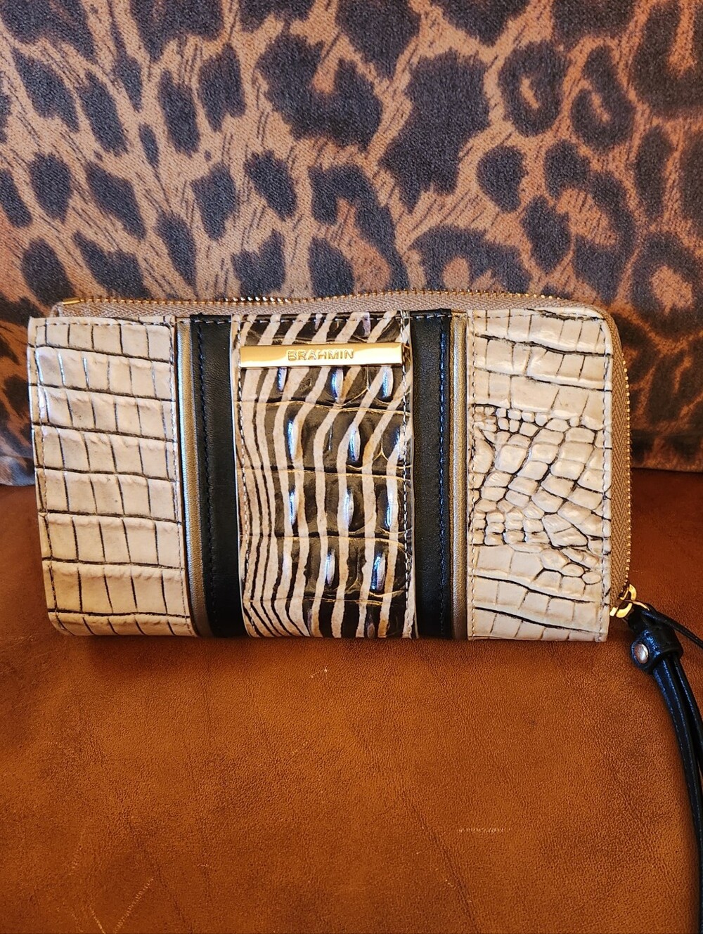 Brahmin CORIE Nakoma Biscuit Taupe-Ivory-Brown ZEBRA  WRISTLET WALLET NWT